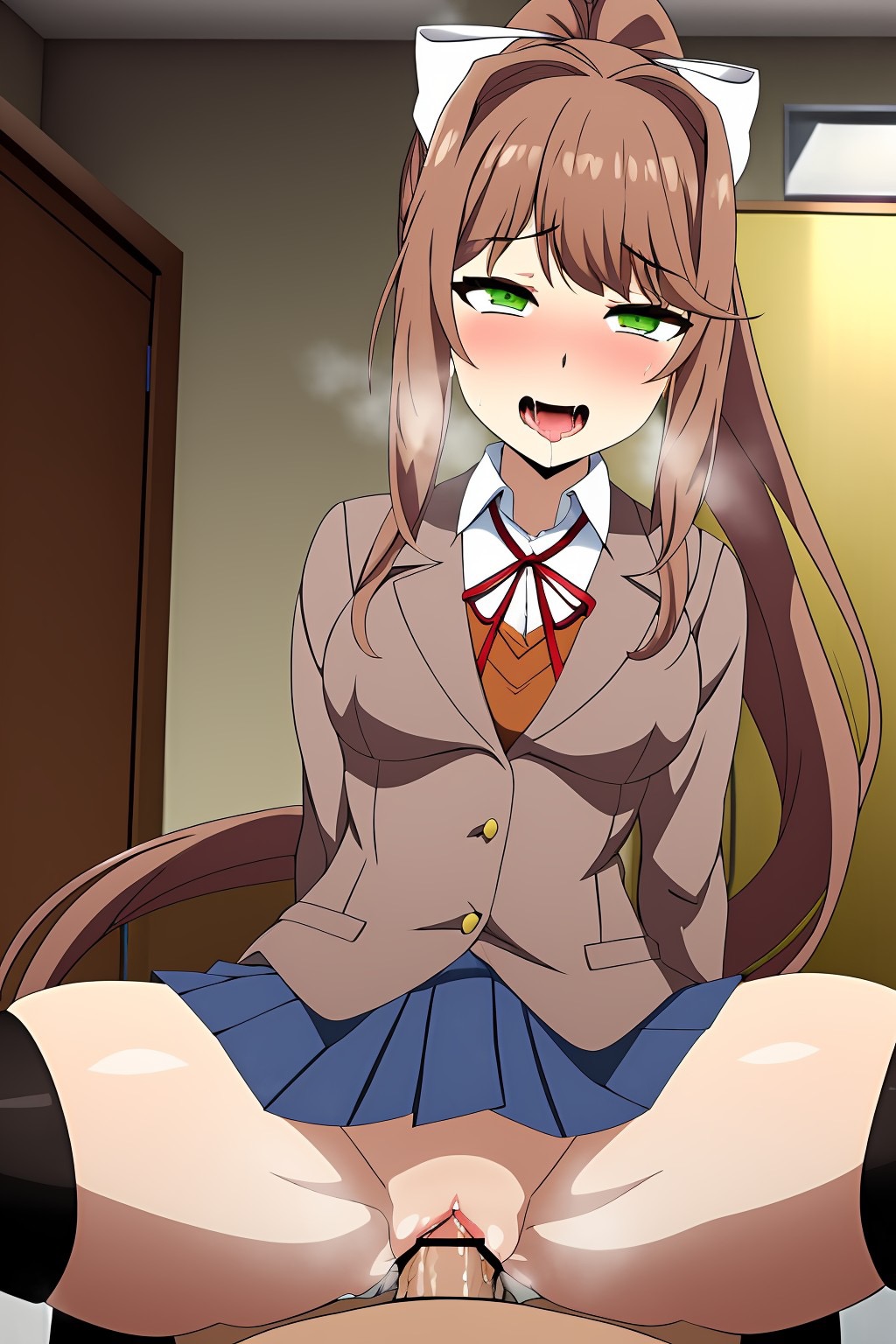 1boy, 1girls, ahe gao, ai generated, alternate version available, black thighhighs, blazer, blue skirt, brown hair, classroom, clothed female nude male, clothed sex, clothing, cowgirl position, doki doki literature club, female, green eyes, hair ribbon, long hair, male, moaning, monika (doki doki literature club), neck ribbon, no panties, ponytail, pussy, school uniform, seifuku, sex, skirt lift, smile, straight, thighhighs, vaginal penetration, white ribbon, yodayo