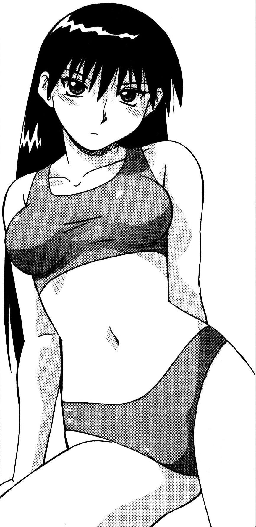 1girls azumanga_daiou bangs bikini bikini_bottom bikini_top black_and_white black_hair blush blush_lines blushing_at_viewer dark_hair female female_only light-skinned_female light_skin long_hair looking_at_viewer manga manga_page manga_style monochrome official_art sakaki solo solo_female straight_hair white_background
