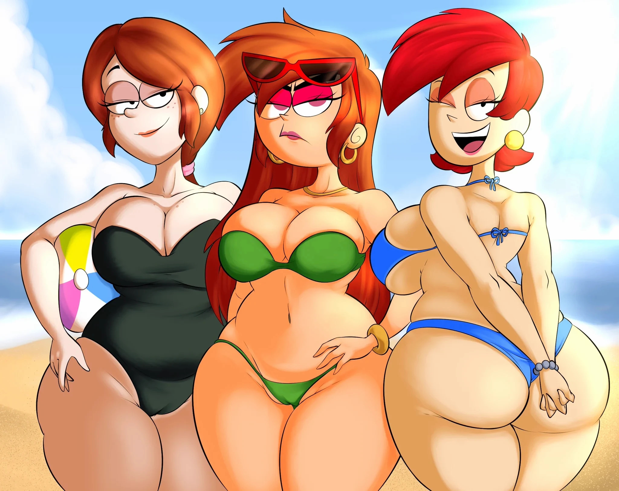3girls, aged up, ass, beach, beach ball, big ass, big breasts, big butt, bikini, bikini bottom, bikini top, bottom heavy, breasts, bubble ass, bubble butt, cleavage, crossover, disney, disney channel, disney xd, earrings, eyelashes, eyeshadow, fat ass, fat butt, female, female only, foster's home for imaginary friends, frankie foster, freckles, freckles on face, gravity falls, large ass, large breasts, large butt, light skin, light-skinned female, lipstick, long hair, looking at viewer, looking back, milf, navel, necklace, orange hair, pale skin, pale-skinned female, pink eyes, red hair, red head, short hair, skimpy, sunglasses, sunglasses on head, swimsuit, teenagebratwurst, the fairly oddparents, thick ass, thick thighs, thighs, vicky (fairly odd parents), voice actor connection, wendy corduroy, wide hips, wink, winking at viewer, zrhap