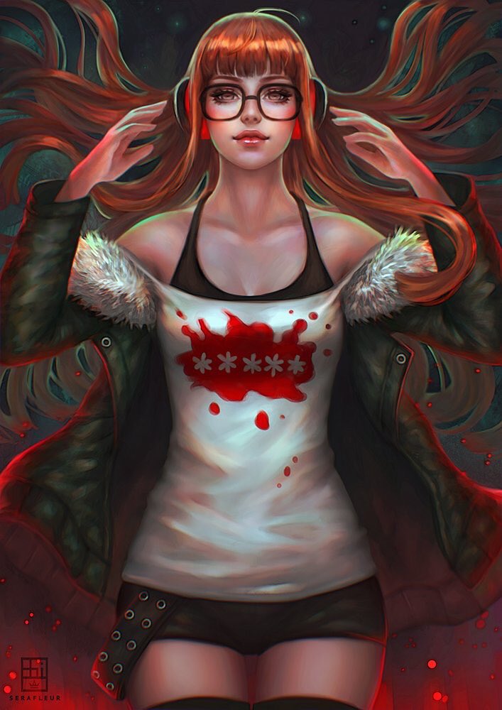 glasses jacket long_hair persona persona_5 red_hair sakura_futaba serafleur streetwear