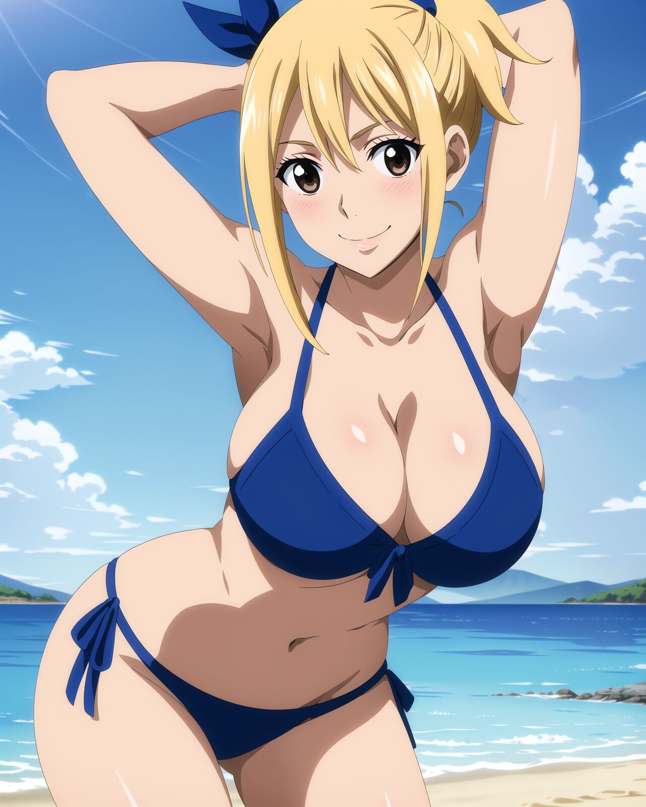 ai generated, beach, bikini, blonde hair, blue bikini, blush, brown eyes, fairy tail, female, hands behind head, lucy heartfilia, smile