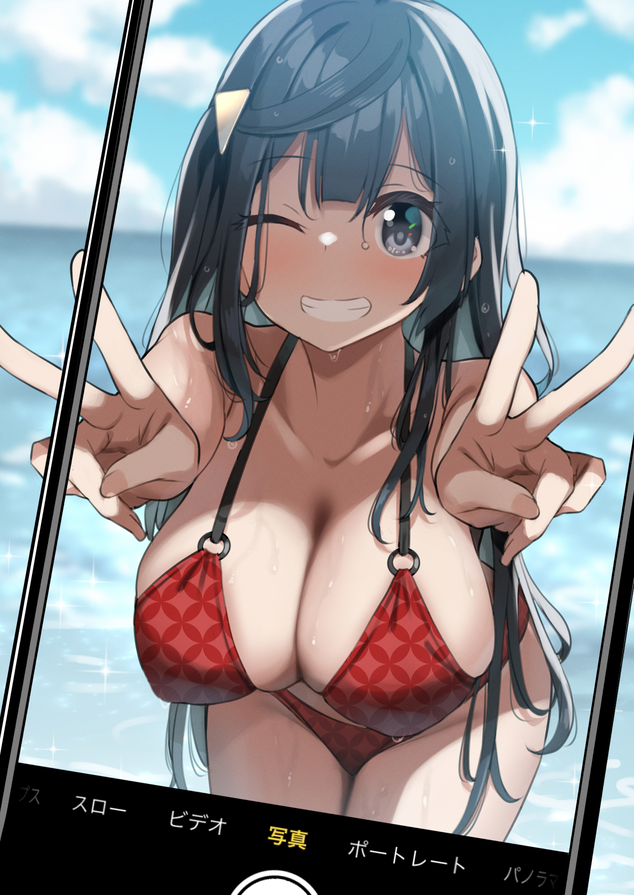 1girls, beach, breasts, cleavage, female, large breasts, love live!, love live! nijigasaki high school idol club, peace sign, sasanon (sasapoliton), smile, solo, swimsuit, taking clothes off, wink, yuuki setsuna (love live!)