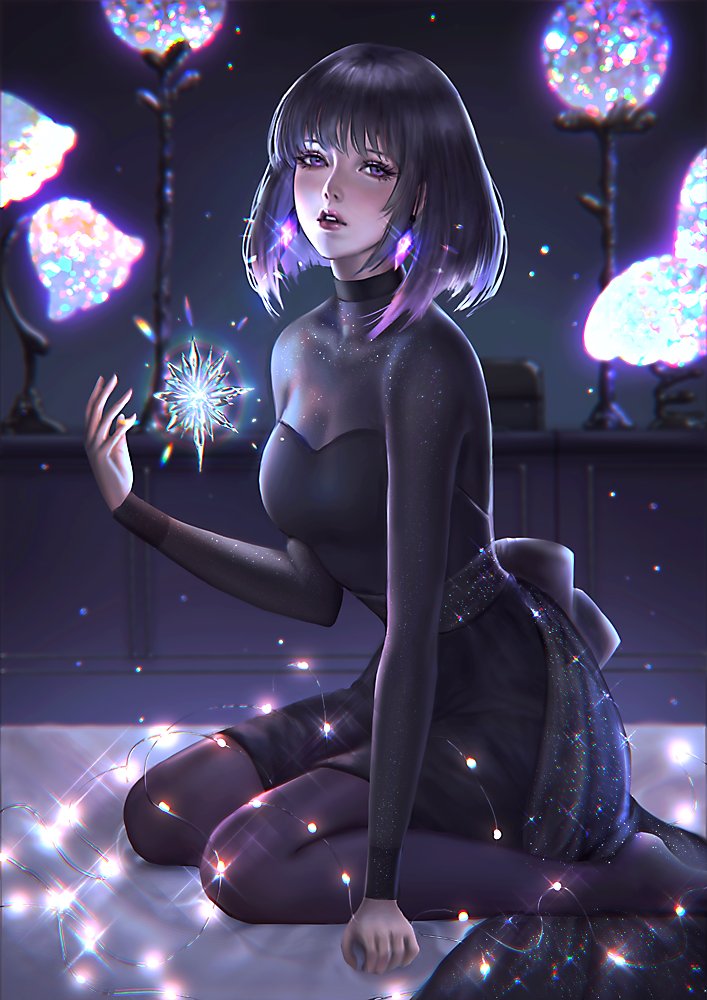 1girls bishoujo_senshi_sailor_moon black_hair bob_cut clothed clothing dark_hair dress elegant elegant_dress fairy_lights female gem hotaru_tomoe human magic magical_girl purple_eyes purple_hair serafleur short_hair soul_gem stockings tight_clothing