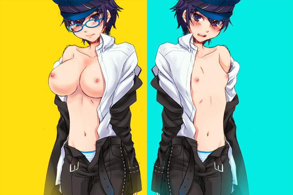 1girls belt big_breasts blue_background blue_eyes blue_hair blue_striped_panties blue_stripes blush breasts clavicle dual_persona embarrassed female female_only flat_chest flat_chested glasses hat hortensias large_breasts nipples no_bra open_clothes open_mouth panties pants persona persona_4 reverse_trap shirogane_naoto shirt shirt_down simple_background small_breasts solo striped_panties striped_underwear underwear unzipped unzipped_pants white_shirt yellow_background