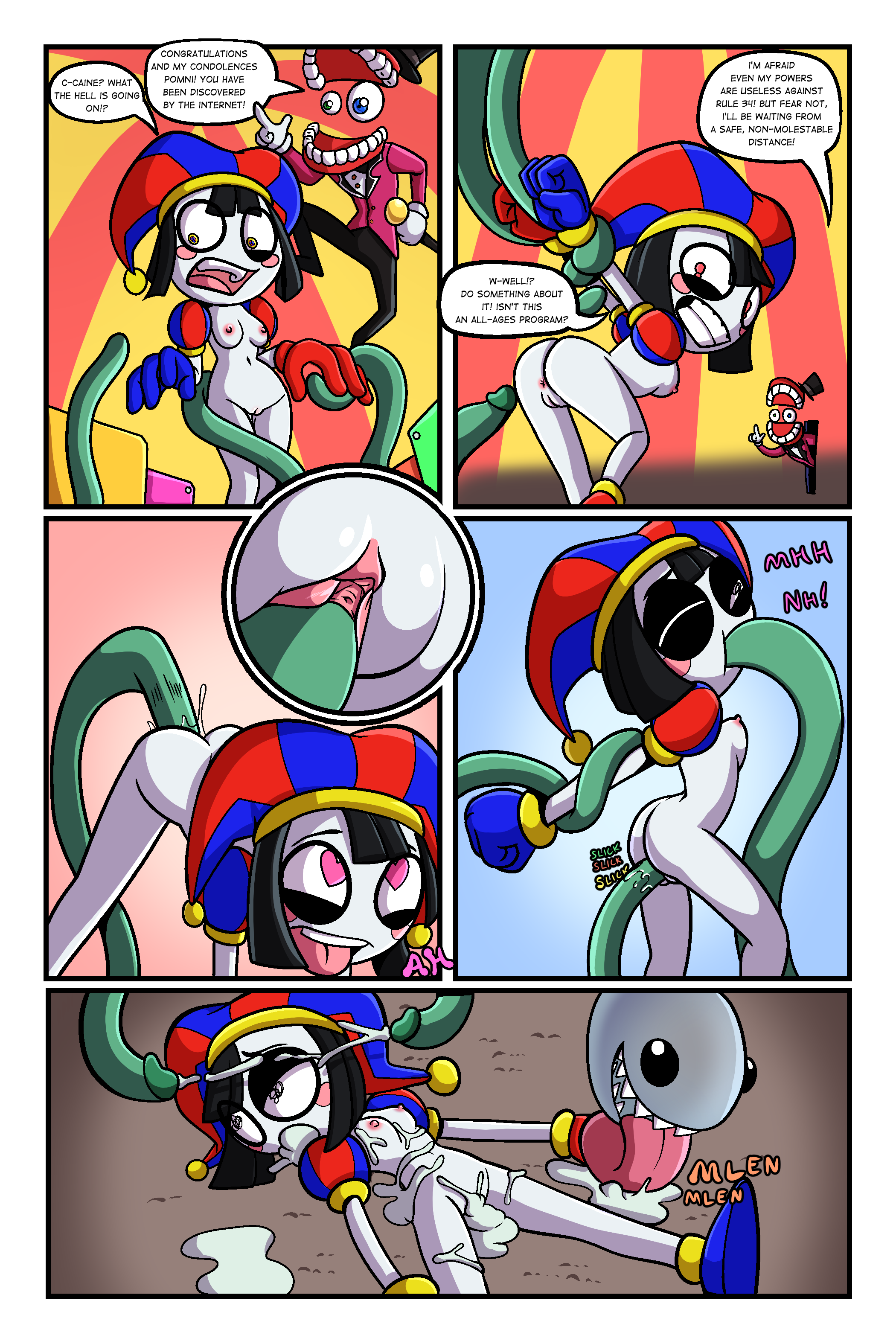 2023, 2d, 2d (artwork), 2d artwork, absurd res, anus, bodily fluids, breasts, caine (the amazing digital circus), close-up, comic, cum, cum everywhere, cum in mouth, cum in pussy, cum inside, cum on chest, cum on face, dialogue, female, fours (artist), genital fluids, genitals, glitch productions, gooseworx, hi res, humanoid, jester, male, messy, pomni (the amazing digital circus), pussy, questionable consent, small breasts, tentacle, the amazing digital circus, vaginal penetration