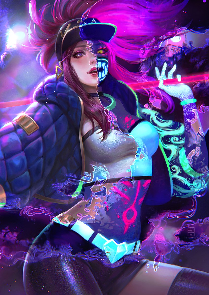 akali collar jacket k/da_akali k/da_series punk punk_girl purple_hair serafleur shorts stockings tail tight_clothing topwear