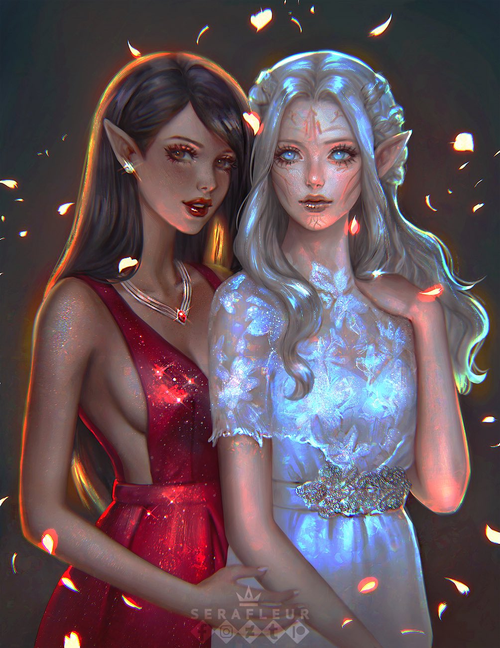 blue_eyes brown_hair dress elf elf_ears elf_female elf_girl long_dress long_hair red_eyes serafleur sideboob silver_hair white_hair