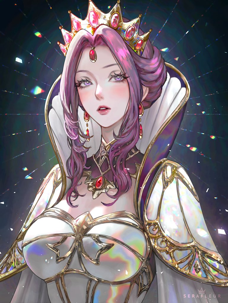 blush breasts crown dress earrings elegant elegant_dress glowing jewelry mature mature_female mature_woman milf mirelia_q_melromarc mother pale-skinned_female pale_skin purple_eyes purple_hair queen royalty serafleur tate_no_yuusha_no_nariagari the_rising_of_the_shield_hero tight_clothing