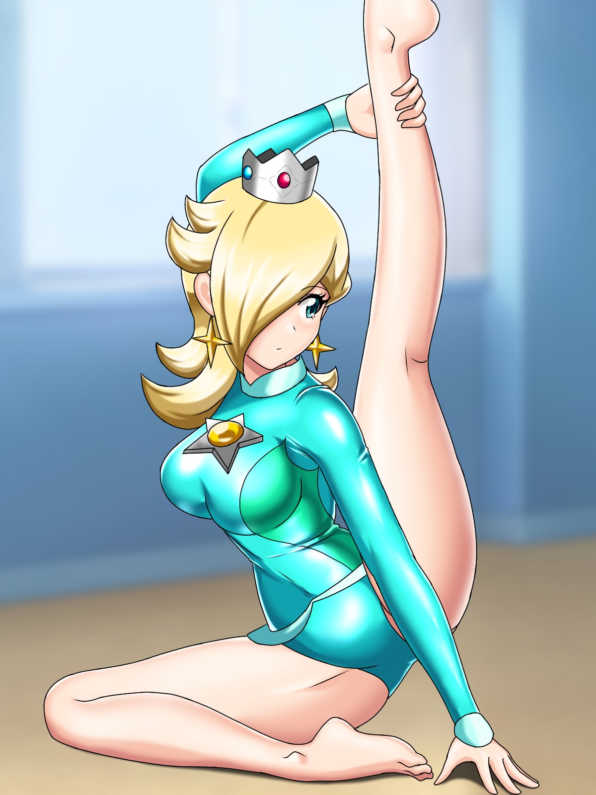 1girls alternate_costume barefoot big_breasts big_thighs blue_eyes breasts brooch crown curvy earrings eyebrows_visible_through_hair female female_only hair_over_one_eye irohazakayouth leg_grab leg_up leotard light-skinned_female light_skin long_hair long_sleeves looking_away mario_(series) mario_and_sonic_at_the_olympic_games nintendo platinum_blonde_hair princess_rosalina solo star_earrings stretching tagme thick thick_hips thick_thighs thighs tight_fit wide_hips