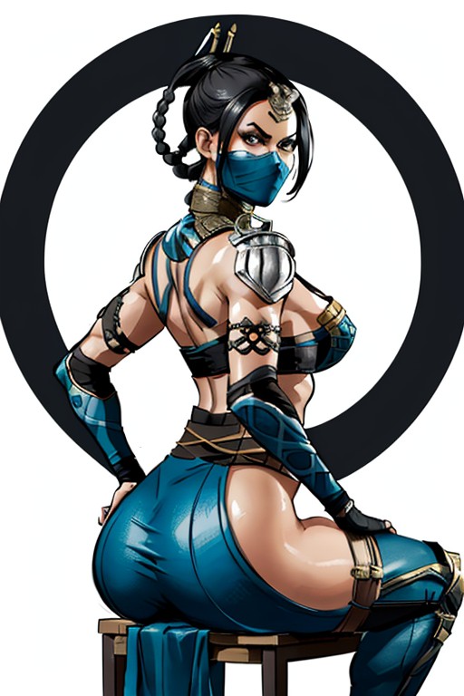 ai_generated aig1587 armor armored_female big_ass big_butt black_hair blue_clothing gloves kitana mask masked mortal_kombat mortal_kombat_x sitting sitting_on_chair tight_clothing