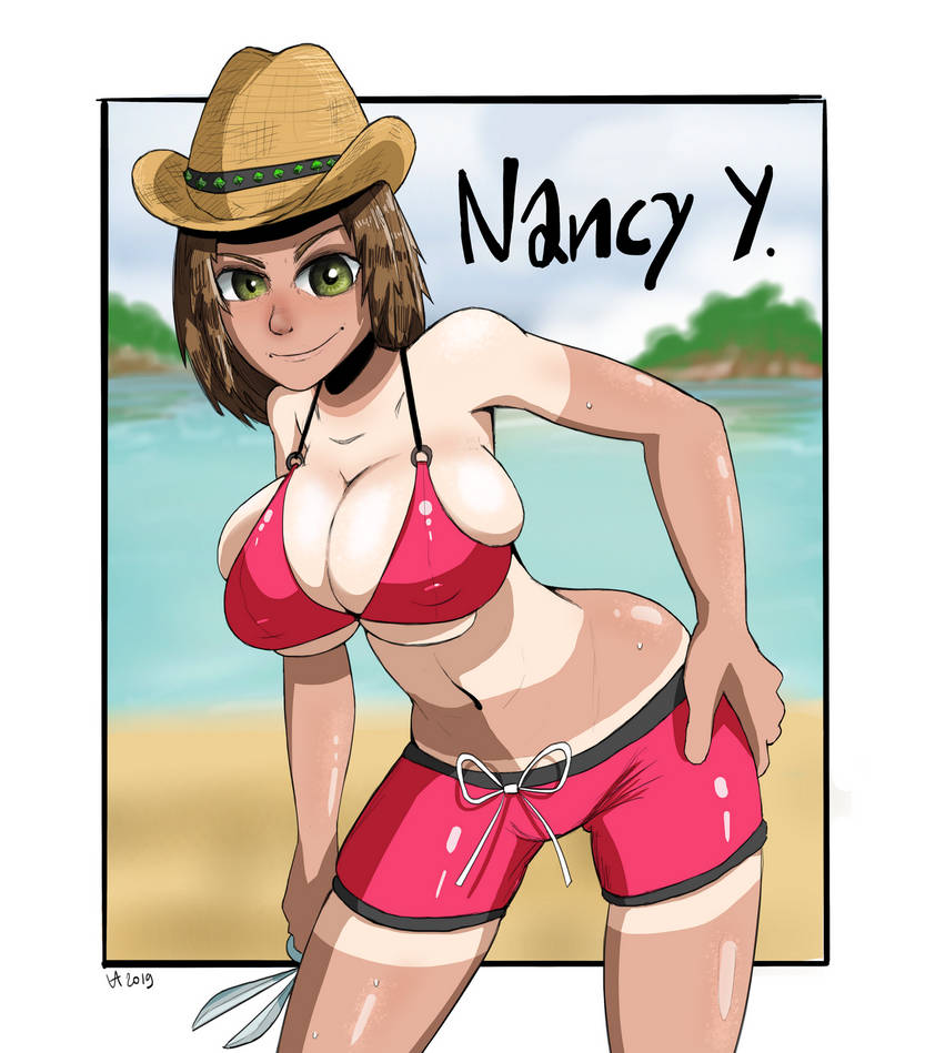 beach bikini endless_ocean_(series) endless_ocean_2 green_eyes hat nancy_young nancy_yung nintendo pink_clothes tagme_(artist)