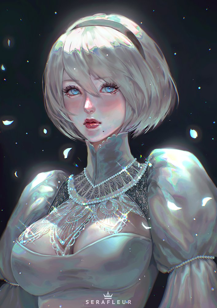 artist_name big_breasts blue_eyes bob_cut breasts grey_hair hair_ornament nier nier:_automata nier_(series) revealing_clothes serafleur short_hair white_hair yorha_2b