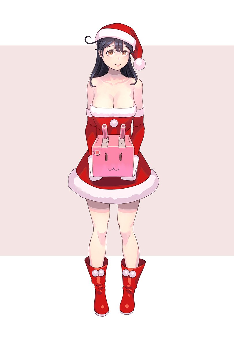 1girls :3 ahoge alternate_costume black_hair blush boots breasts brown_eyes cannon cleavage dress female full_body gloves hat highres holding kantai_collection large_breasts long_hair looking_at_viewer red_dress red_gloves red_headwear santa_boots santa_costume santa_gloves santa_hat simple_background smile solo standing ushio_(kantai_collection) white_background yuuji_(and)