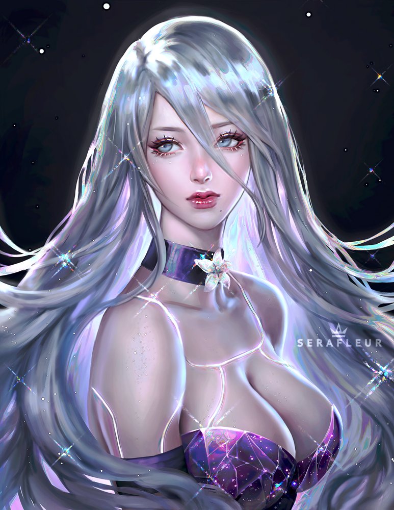 big_breasts collar elegant grey_hair long_hair nier nier:_automata nier_(series) revealing_clothes serafleur white_hair yorha_a2