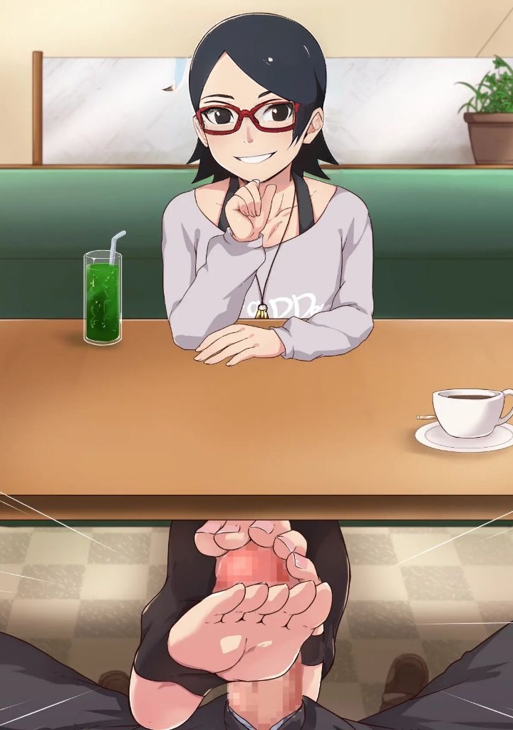 ai generated, barefoot, edit, feet, female, foot fetish, footjob, fully clothed, naruto, naruto (series), outdoors, sarada uchiha, tagme, toes, under the table