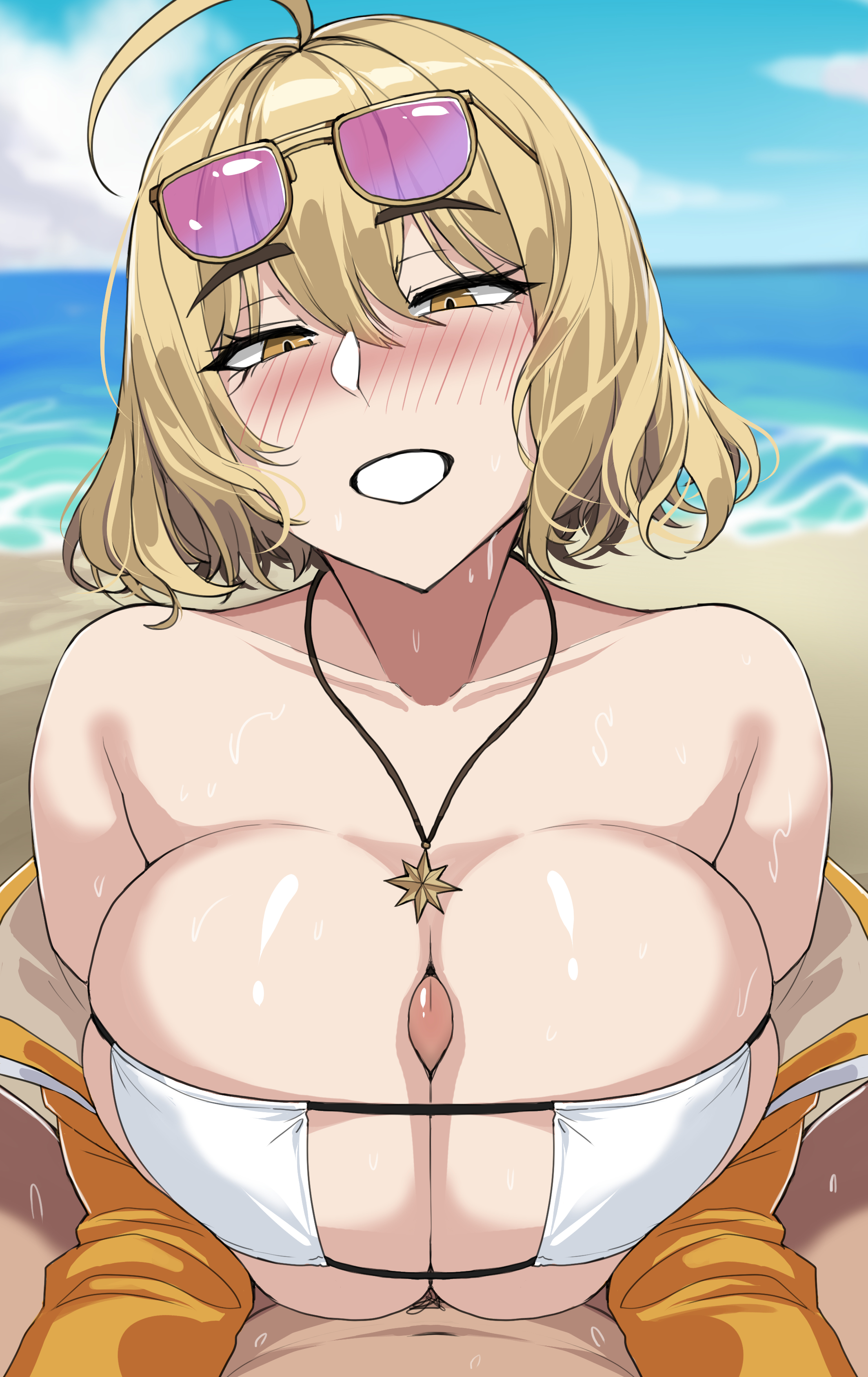 1boy, 1girls, absurd res, anis (nikke), anis (sparkling summer) (nikke), asian male, beach, bikini, breasts, brown eyes, brown hair, drogod (artist), eyepatch bikini, female, goddess of victory: nikke, hips, huge breasts, large breasts, male, male pov, naughty face, outdoors, paizuri, penis, pov, short hair, thick thighs, thighs, titjob, uncensored, white bikini, wide hips
