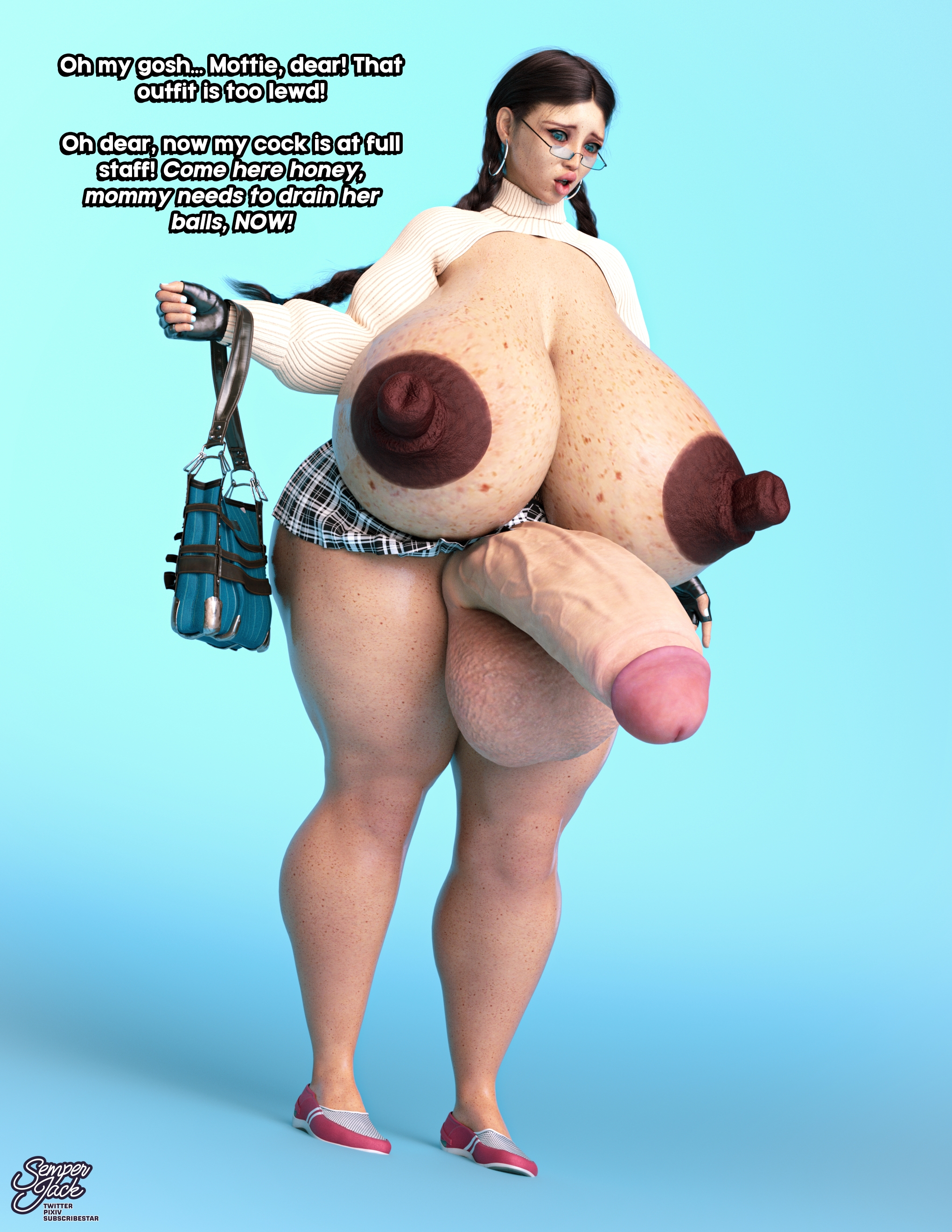 1futa, 3d, alternate version available, areolae, aroused, balls, big areola, big balls, big nipples, big penis, big testicles, blue eyes, breasts, breasts out, breasts out of clothes, brown areola, brown hair, brown nipples, curvy, dark areola, dark nipples, dickgirl, english text, erect nipples, erect penis, erection, female, freckles, freckles on breasts, full body, futa only, futanari, giant breasts, gigantic breasts, gigantic nipples, glasses, huge areolae, huge balls, huge breasts, huge cock, huge nipples, huge testicles, hyper penis, intersex, large areolae, large balls, large breasts, large nipples, large penis, large testicles, massive breasts, massive penis, mature female, milf, moriya (mrneutral), nipples, original character, penis, school uniform, schoolgirl, schoolgirl uniform, semper jack, short skirt, skirt, solo, solo futa, standing, sweater, testicles, text, thick, thick thighs, wide hips
