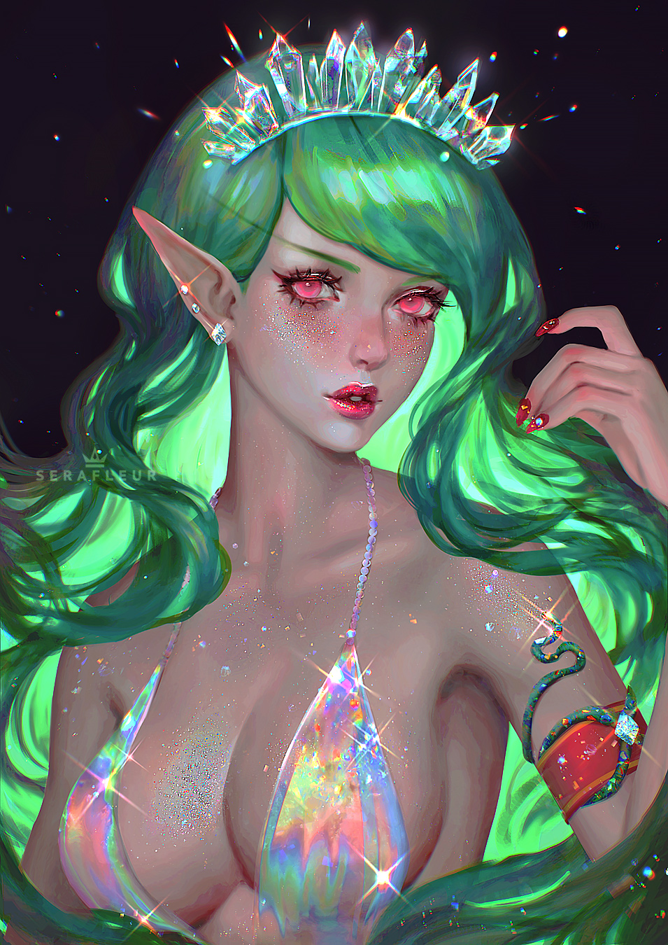 big_breasts breasts crown earrings elf elf_ears elf_female green_hair lipstick long_hair red_eyes revealing_clothes serafleur