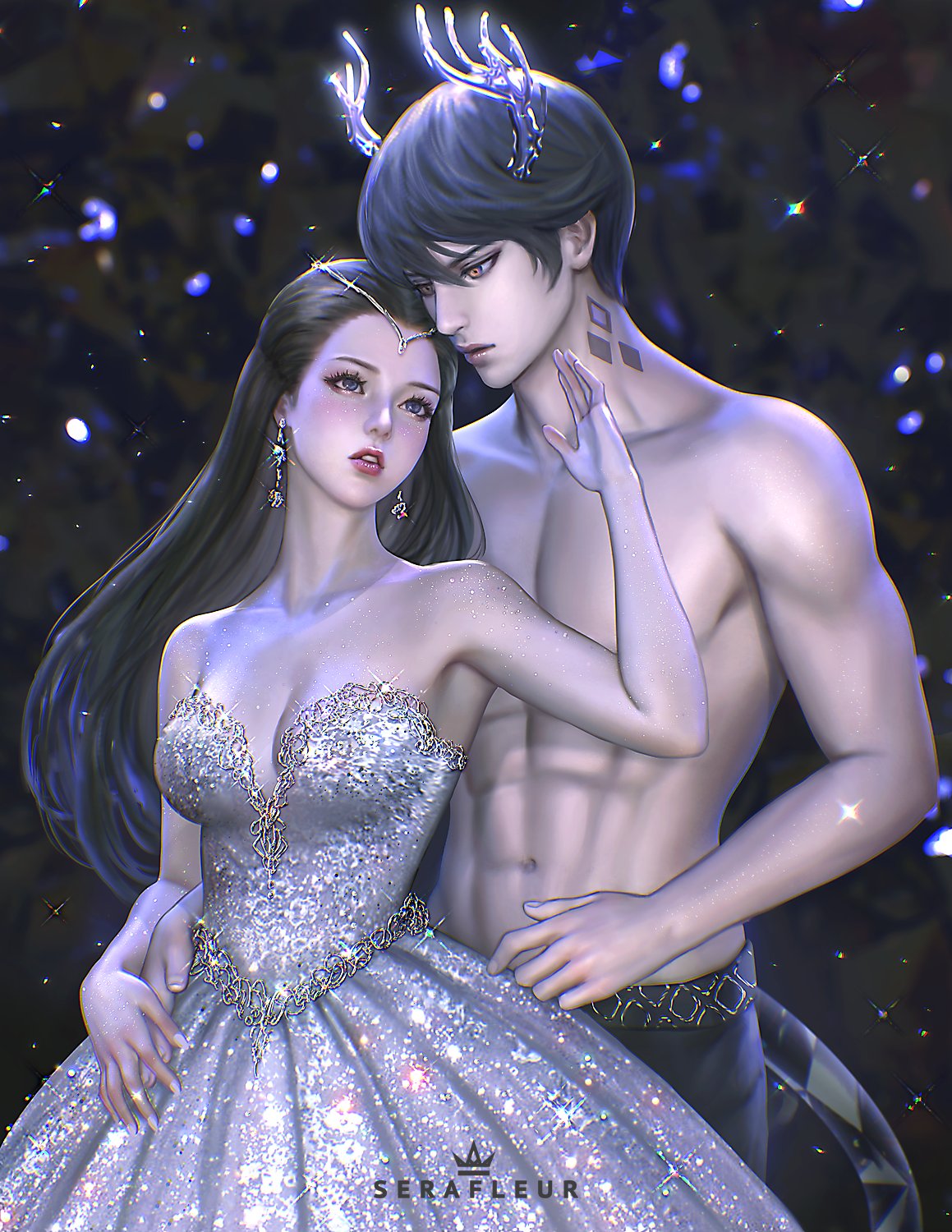 big_breasts breasts couple earrings elegant elegant_dress female glitter leviathan_(obey_me) long_hair revealing_clothes serafleur six_pack