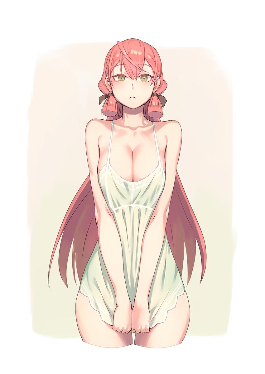 1girls akashi_(kantai_collection) blunt_ends blush border breasts cleavage collarbone cowboy_shot cropped_legs female hair_between_eyes hair_ribbon highres kantai_collection large_breasts long_hair looking_at_viewer nightgown nightgown_pull outside_border pink_background pink_hair ribbon simple_background solo standing tress_ribbon v_arms white_background white_border yellow_eyes yuuji_(and)