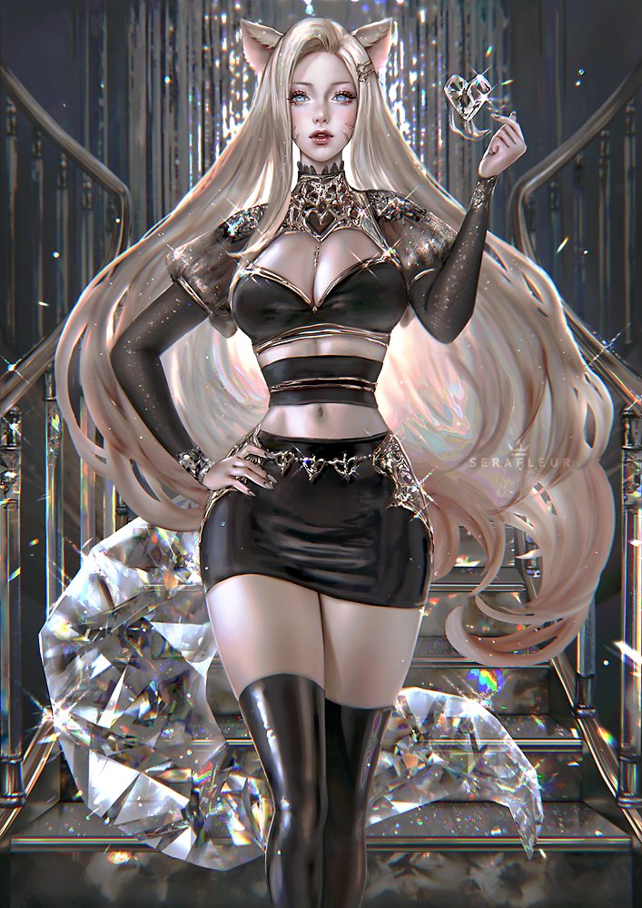 9_tails ahri belly belly_button blonde_hair fox_ears furry_ears k/da_ahri k/da_series latex league_of_legends long_hair long_sleeves miniskirt nine_tailed_fox serafleur skirt small_waist stockings tight_clothing vastaya