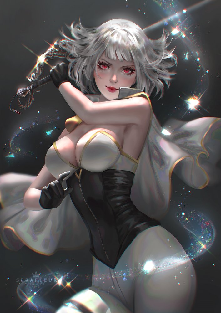 big_breasts bob_cut breasts corsage gloves grey_hair red_eyes serafleur short_hair small_waist sword tight_clothing white_hair