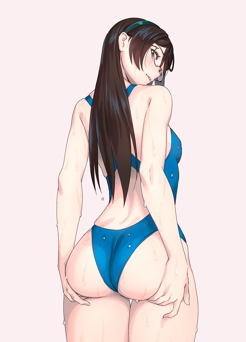 1girls alternate_costume ass ass_grab ass_support bare_arms bare_shoulders black_hair blue_one-piece_swimsuit blush breasts competition_swimsuit cowboy_shot female from_behind glasses grabbing_own_ass green_eyes hairband highleg highleg_swimsuit highres kantai_collection long_hair looking_at_viewer looking_back one-piece_swimsuit ooyodo_(kantai_collection) parted_lips semi-rimless_eyewear simple_background skindentation small_breasts solo standing swimsuit under-rim_eyewear water water_drop wet yuuji_(and)