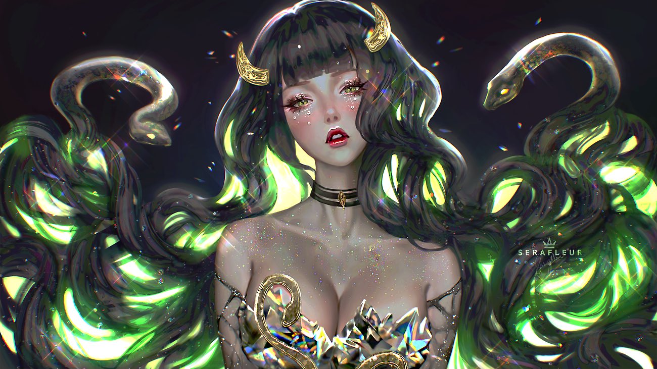 big_breasts black_hair blush bob_cut collar dark_hair glitter horns lipstick long_hair medusa necklace serafleur