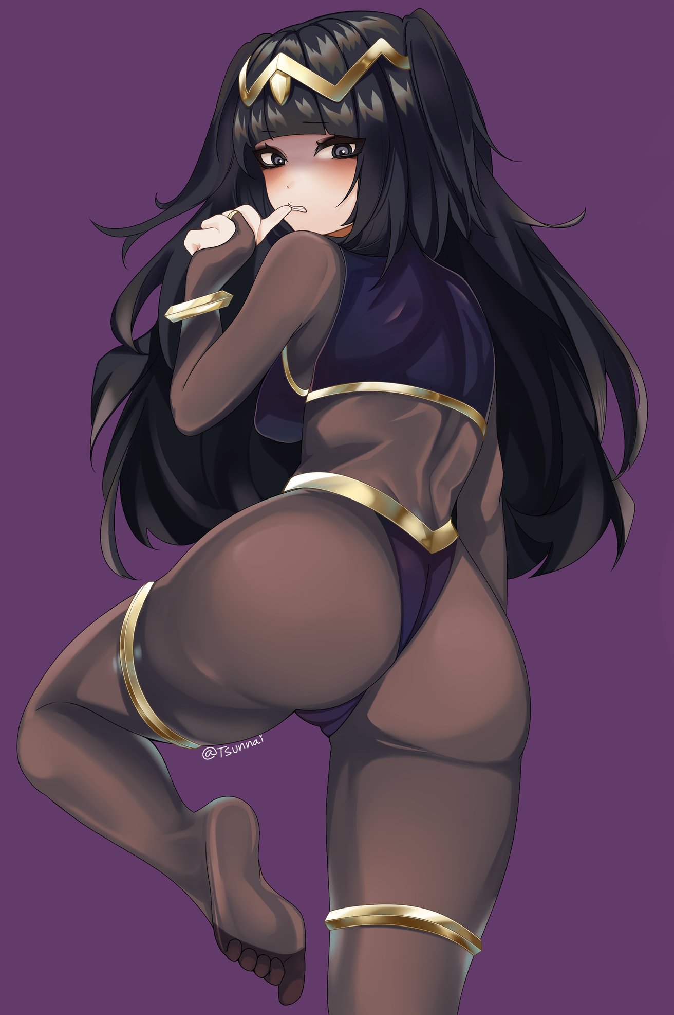 1girls armpit_crease artist_signature ass back barefoot biting biting_own_finger black_hair blunt_bangs bodystocking bracelet breasts cameltoe commentary dot_nose female female_only fire_emblem fire_emblem_awakening from_behind gold grey_eyes highres jewelry long_black_hair long_hair looking_at_viewer looking_back medium_breasts nintendo purple_background purple_eyes simple_background solo tharja_(fire_emblem) thighlet thumb_biting tiara tsunnai two_side_up underwear