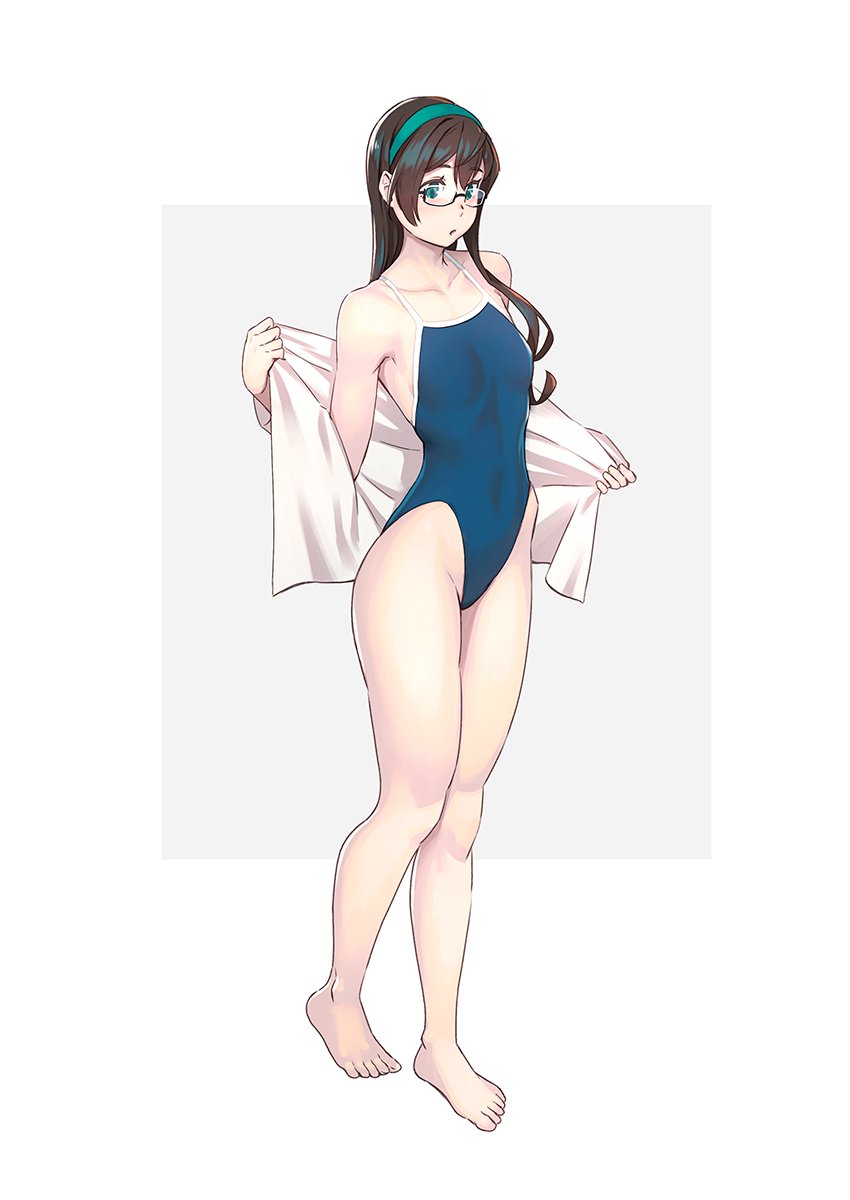 1girls alternate_costume bare_legs bare_shoulders barefoot black_hair blue_one-piece_swimsuit blush breasts collarbone competition_school_swimsuit female full_body glasses green_eyes groin hairband highleg highres kantai_collection long_hair long_sleeves looking_at_viewer one-piece_swimsuit ooyodo_(kantai_collection) parted_lips school_swimsuit semi-rimless_eyewear shirt sidelocks simple_background skindentation small_breasts solo standing swimsuit swimsuit_under_clothes under-rim_eyewear undressing white_background white_shirt yuuji_(and)