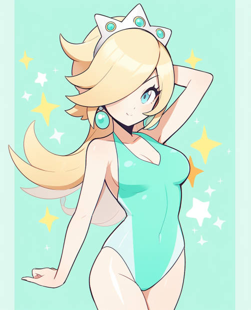 1girls, blonde hair, blue eyes, blue one-piece swimsuit, blue swimsuit, breasts, crown, earrings, female, hair over one eye, long hair, looking at viewer, mario (series), medium breasts, nintendo, one-piece swimsuit, princess rosalina, senadevyana, swimsuit