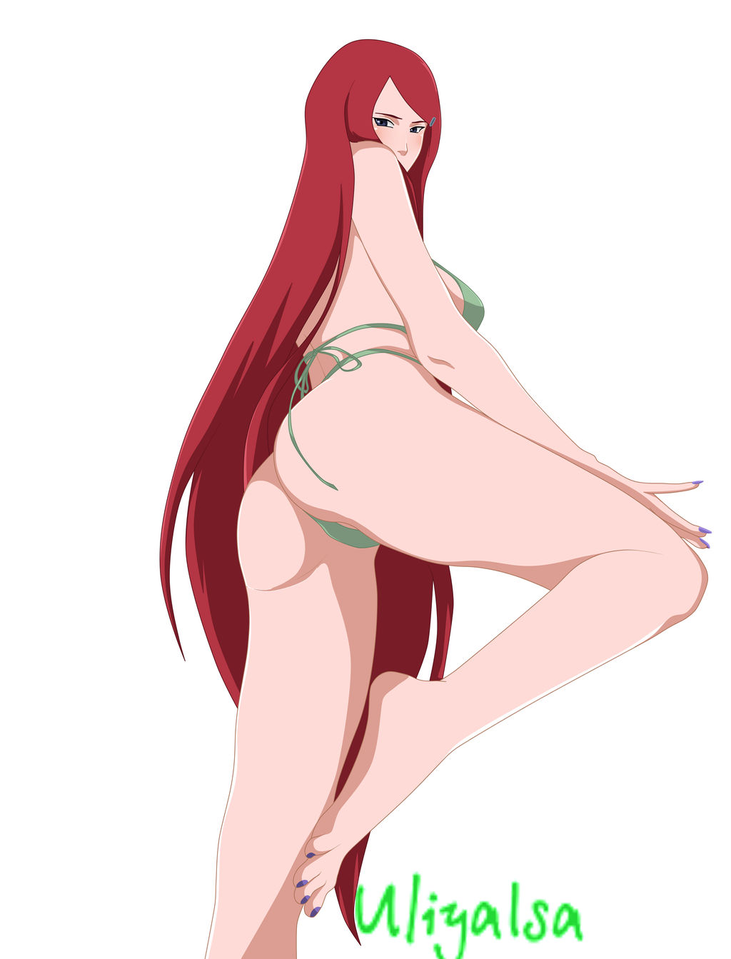 1girls, artist name, ass, ass focus, barefoot, bikini, bikini bottom, bikini top, blush, female, female only, fingernail polish, fingernails, green bikini, light skin, light-skinned female, long hair, looking at viewer, looking back, looking back at viewer, looking over shoulder, mature, mature female, milf, nail polish, naruto, naruto (series), naruto shippuden, pinup, plain background, presenting, presenting ass, presenting hindquarters, purple eyes, raised leg, rear view, red hair, simple background, solo, solo focus, standing, standing on one leg, swimwear, text, toenail polish, uliyalsa, uzumaki kushina, very long hair, watermark, white background