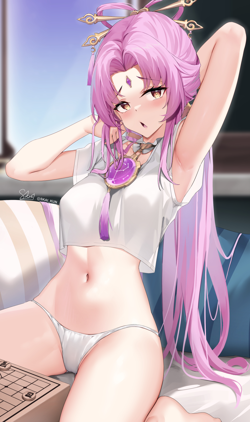 1girls arm_up armpits bare_arms breasts commentary crop_top forehead_jewel fu_xuan_(honkai:_star_rail) hair_ornament hair_rings hair_stick highres honkai:_star_rail honkai_(series) long_hair looking_at_viewer medium_breasts midriff navel no_pants open_mouth panties pink_hair shirt sitting skai_kun solo stomach tagme thighs underwear very_long_hair wariza white_panties white_shirt yellow_eyes