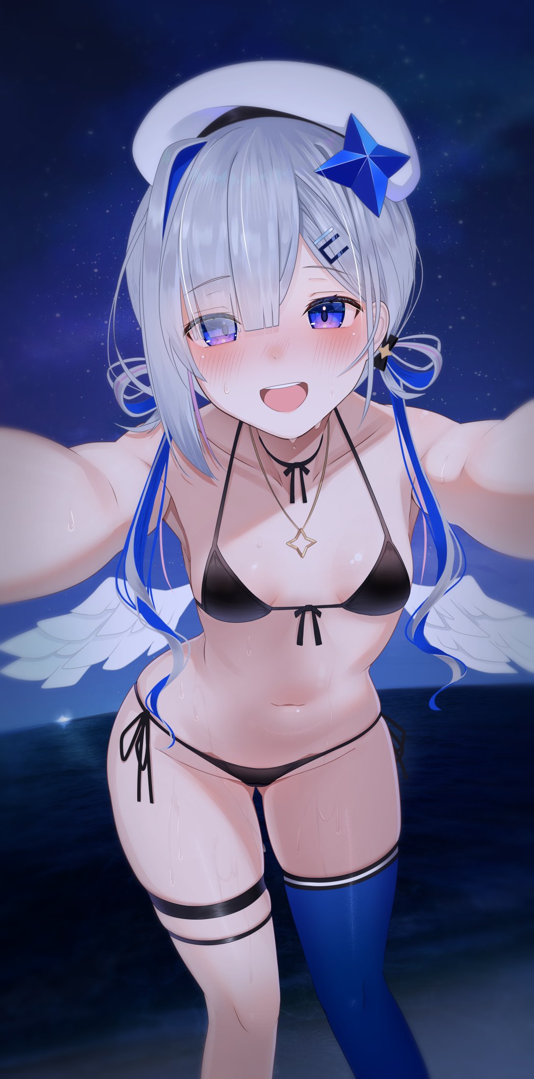 :d, 1girls, amane kanata, angel, angel wings, beret, bikini, black bikini, blue hair, blue thighhighs, blush, breasts, collarbone, colored inner hair, commentary request, female, foreshortening, grey hair, hair rings, hat, highres, holoforce, hololive, hololive japan, jewelry, kachikachipiroo, looking at viewer, medium hair, midriff, multicolored hair, navel, necklace, night, open mouth, outstretched arms, pov, purple eyes, single thighhigh, small breasts, smile, solo, star (symbol), star necklace, stomach, swimsuit, thigh strap, thighhighs, thighs, virtual youtuber, wet, white headwear, wings