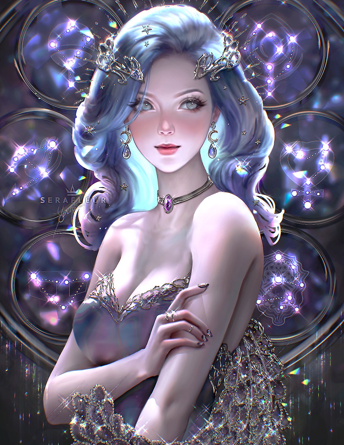 bare_shoulders blue_hair breasts collar diamond glitter long_hair necklace revealing_clothes serafleur