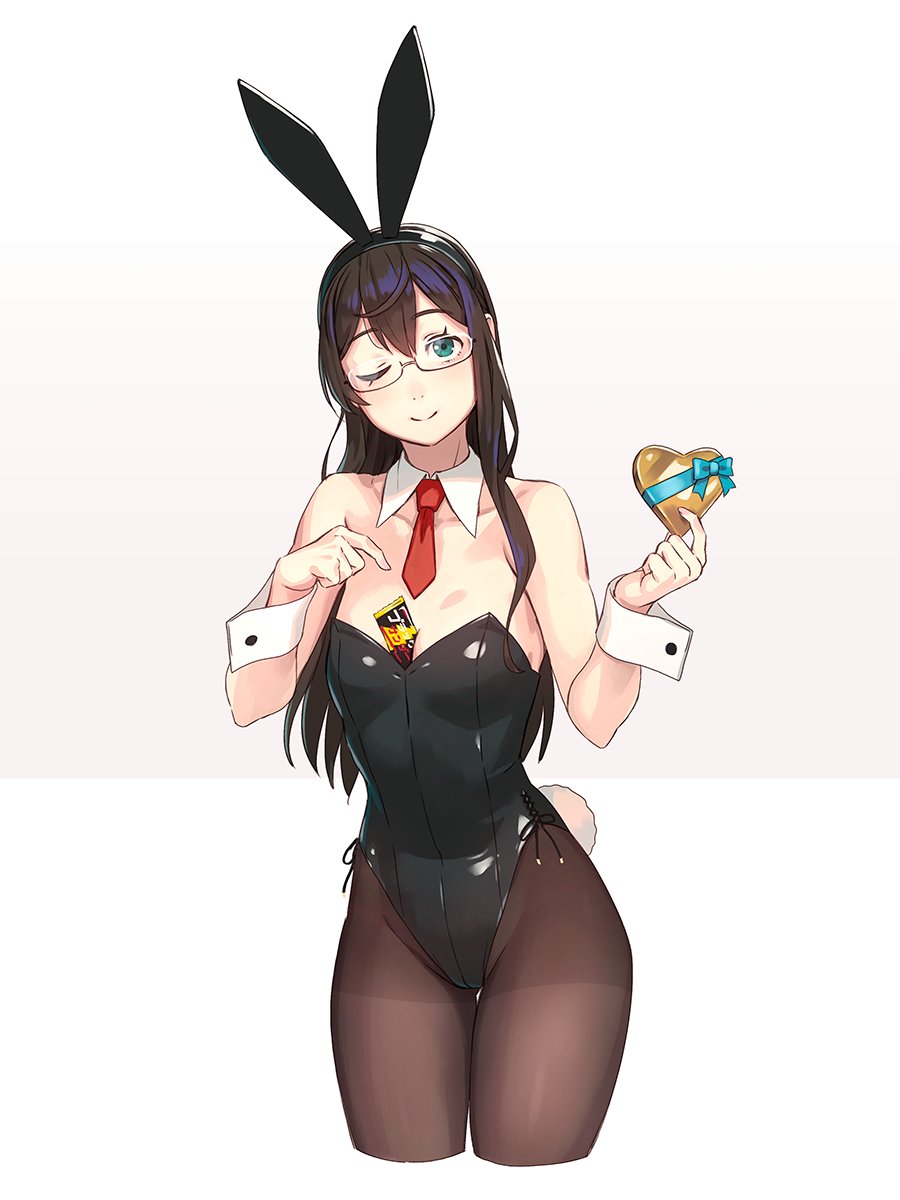 1girls ;) alternate_costume animal_ears arms_up bare_shoulders between_breasts black_hair black_leotard blue_eyes blush breasts brown_pantyhose candy candy_bar chocolate closed_mouth collarbone cropped_legs detached_collar fake_animal_ears female food food_between_breasts glasses groin hairband heart heart-shaped_chocolate highleg highleg_leotard highres holding kantai_collection leotard long_hair looking_at_viewer necktie one_eye_closed ooyodo_(kantai_collection) pantyhose playboy_bunny rabbit_ears red_necktie ribbon semi-rimless_eyewear simple_background small_breasts smile solo strapless strapless_leotard under-rim_eyewear yuuji_(and)