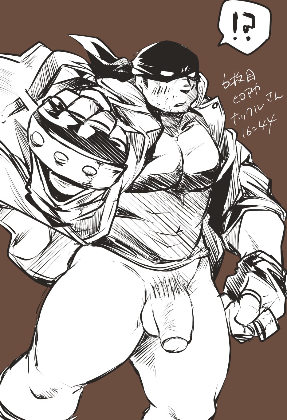 balls bara ellie_saionji flaccid headkerchief iwao_oguro knuckleduster_(my_hero_academia) male male_only monochrome muscles muscular my_hero_academia pantsless penis solo solo_male vigilante:_my_hero_academia_illegals