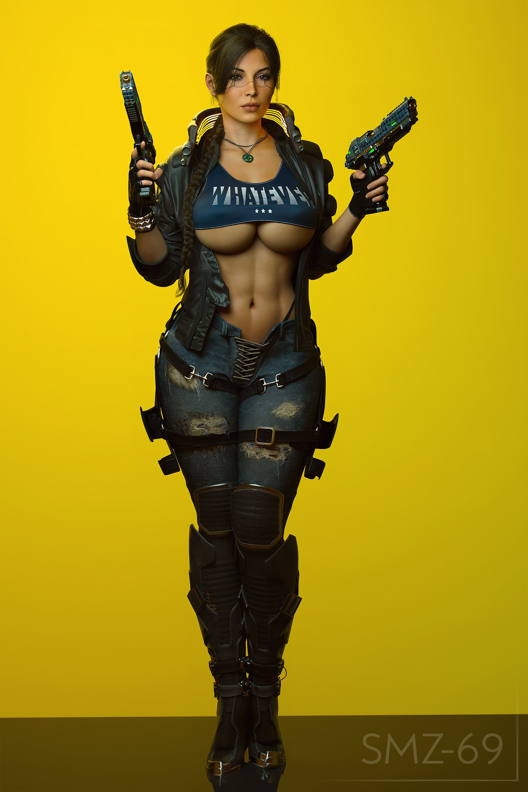 1girls, 3d, absurd res, big breasts, breasts, cd projekt red, crossover, cyberpunk 2077, embracer group, female, female only, firearm, footwear, handgun, handwear, hi res, human, lara croft, lara croft (survivor), outerwear, pale skin, smz-69, solo, tagme, thick thighs, tomb raider, tomb raider (survivor), underboob, weapon