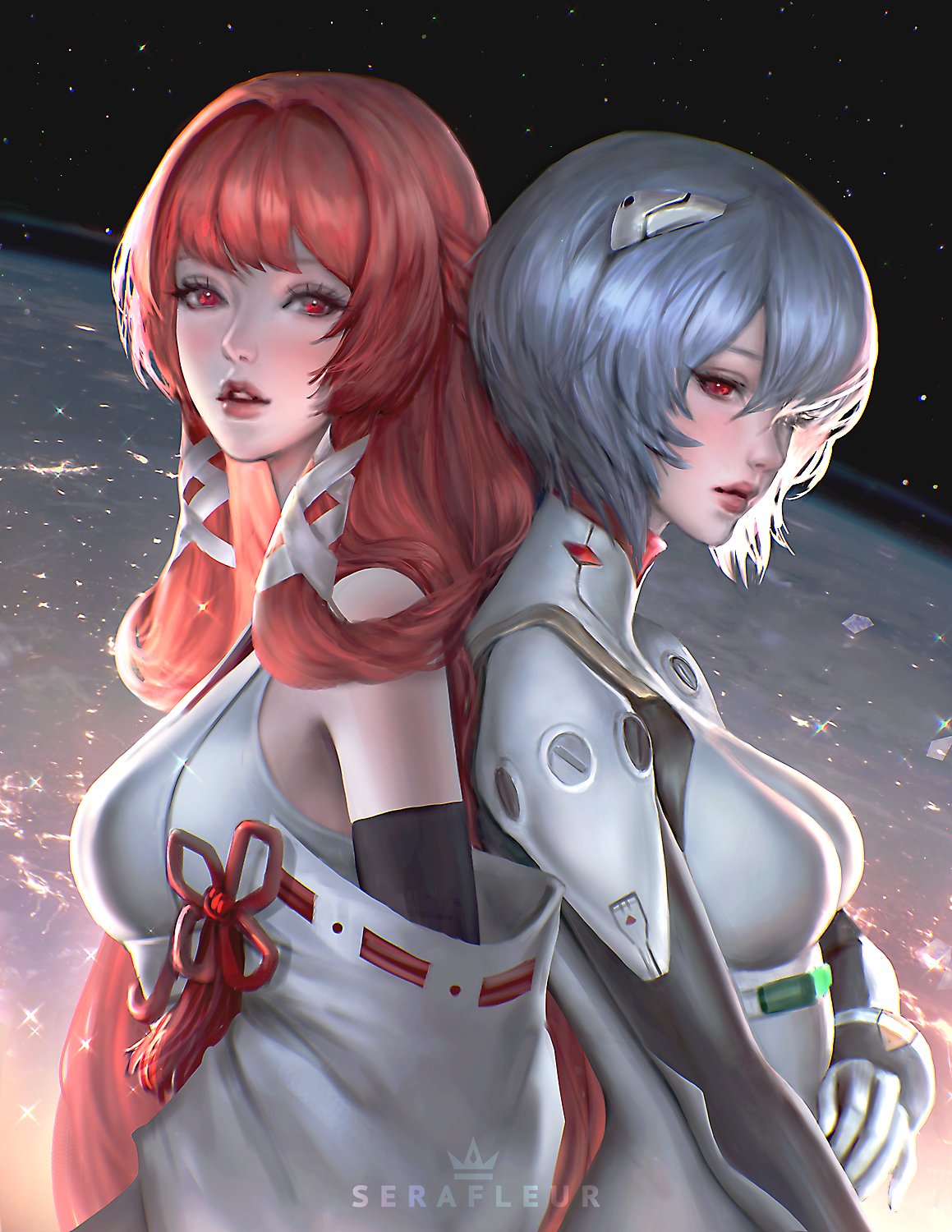 blue_hair breasts dragon_raja long_hair neon_genesis_evangelion neopn_genesis_evangelion nono_(dragon_raja) red_hair rei_ayanami serafleur short_hair tight_clothing traditional_clothes