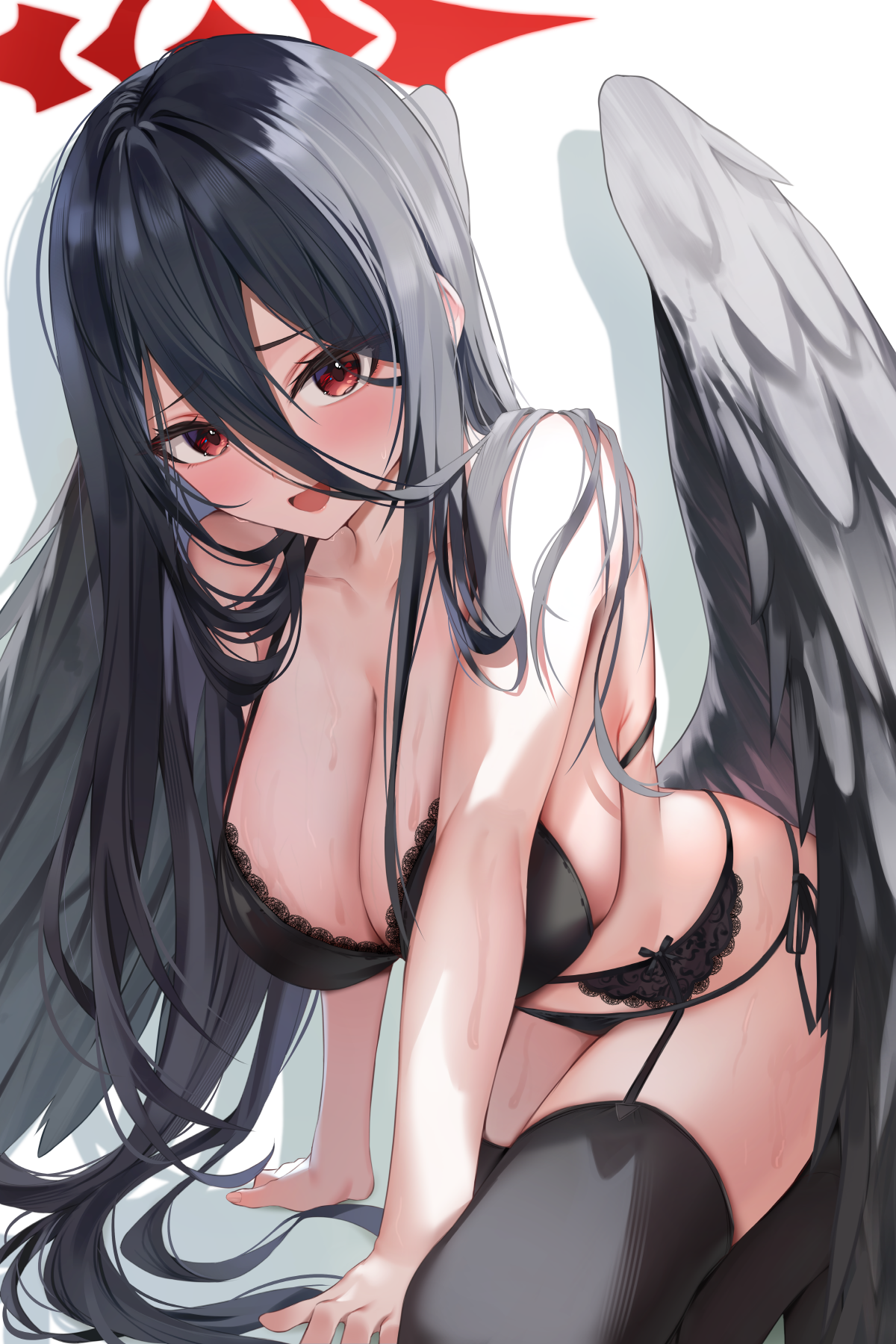 1girls, black bra, black hair, black panties, black thighhighs, black wings, blue archive, blush, bra, breasts, cleavage, collarbone, feathered wings, female, halo, hasumi (blue archive), highres, huge breasts, justice task force (blue archive), long hair, low wings, open mouth, panties, red eyes, red halo, shuvi (shuvi1125), solo, thighhighs, trinity general school student, underwear, wings