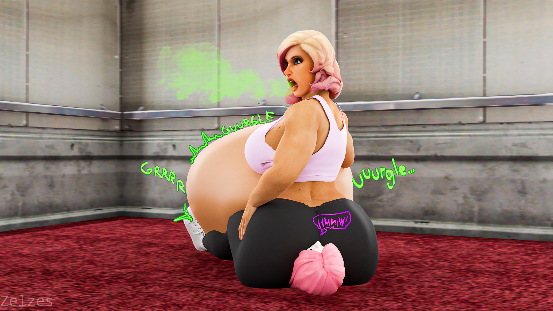 2girls, 3d, ass, belly, big ass, big belly, burp, burping, facesitting, female, femdom, fortnite, fortnite: save the world, haze (fortnite), huge ass, huge belly, open mouth, penny (fortnite), same size vore, smothering, stomach noises, vore, zelzes