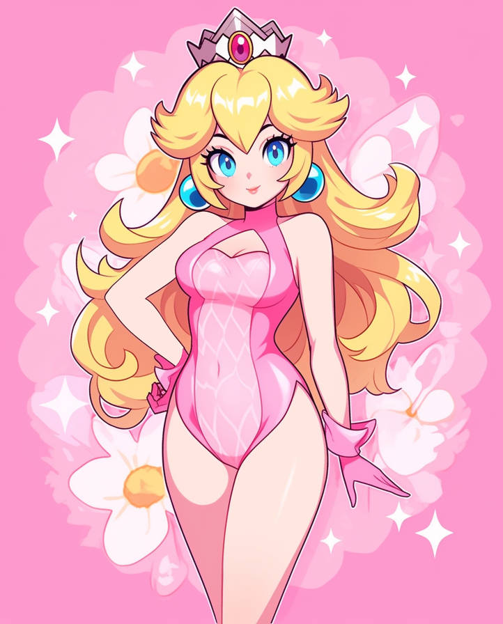 1girls, blonde hair, blue eyes, breasts, crown, earrings, female, gloves, long hair, looking at viewer, mario (series), medium breasts, nintendo, one-piece swimsuit, pink gloves, pink one-piece swimsuit, pink swimsuit, princess peach, senadevyana, swimsuit