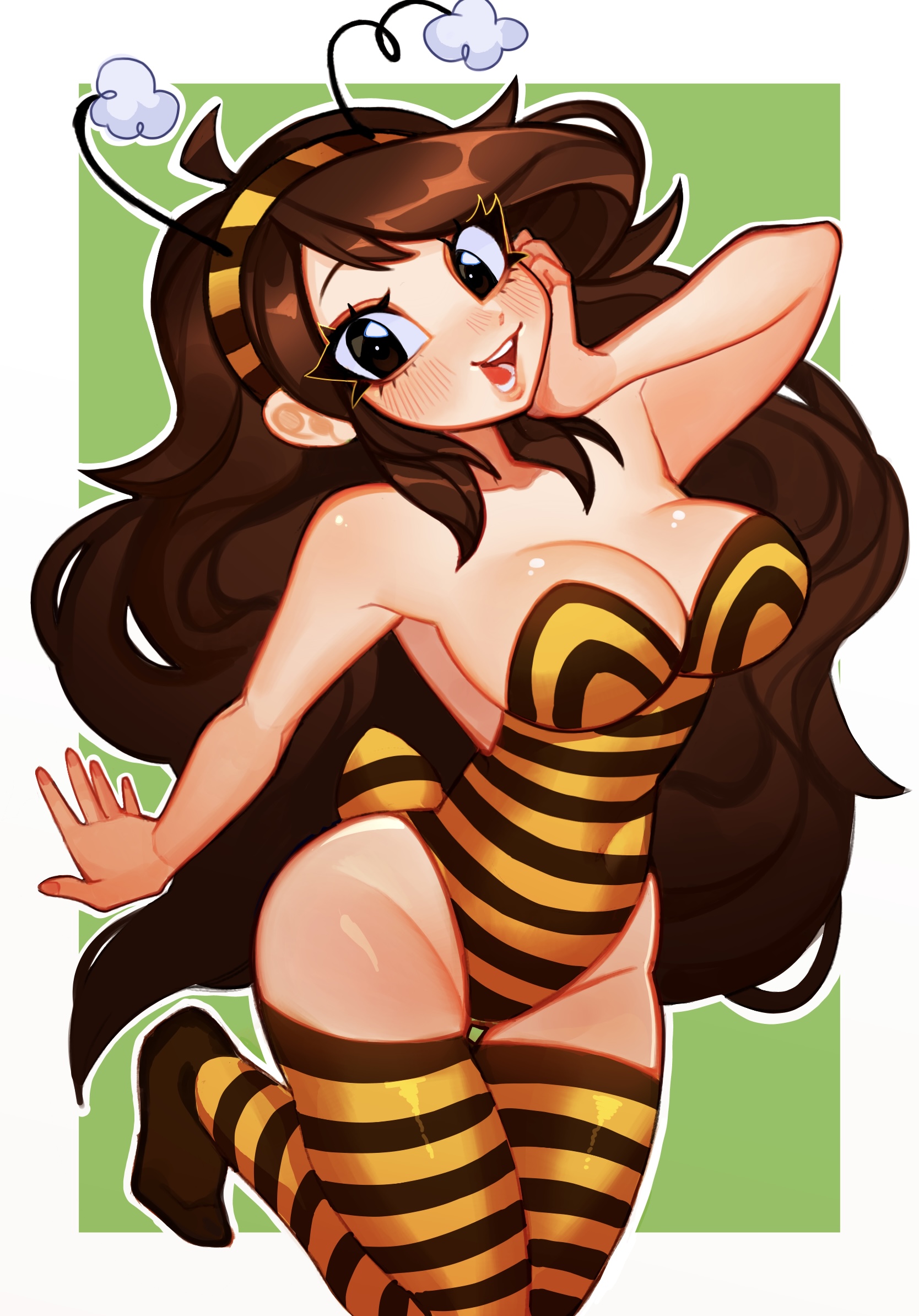1girls, animal costume, antennae, artist request, bee, bee costume, bee girl, big breasts, big hips, blush, blush lines, breasts, brown eyes, brown hair, brunette, cleavage, costume, cute, female, fizzeru, happy, happy female, headband, headwear, hourglass figure, large breasts, large hips, leotard, long hair, pose, posing, slight blush, smile, smiling, sole female, solo female, stockings, striped, striped legwear, stripes, susiehatter, tagme, thigh gap, thighhighs, thighs, two-tone clothing, two-tone clothing (blackandyellow), wide hips