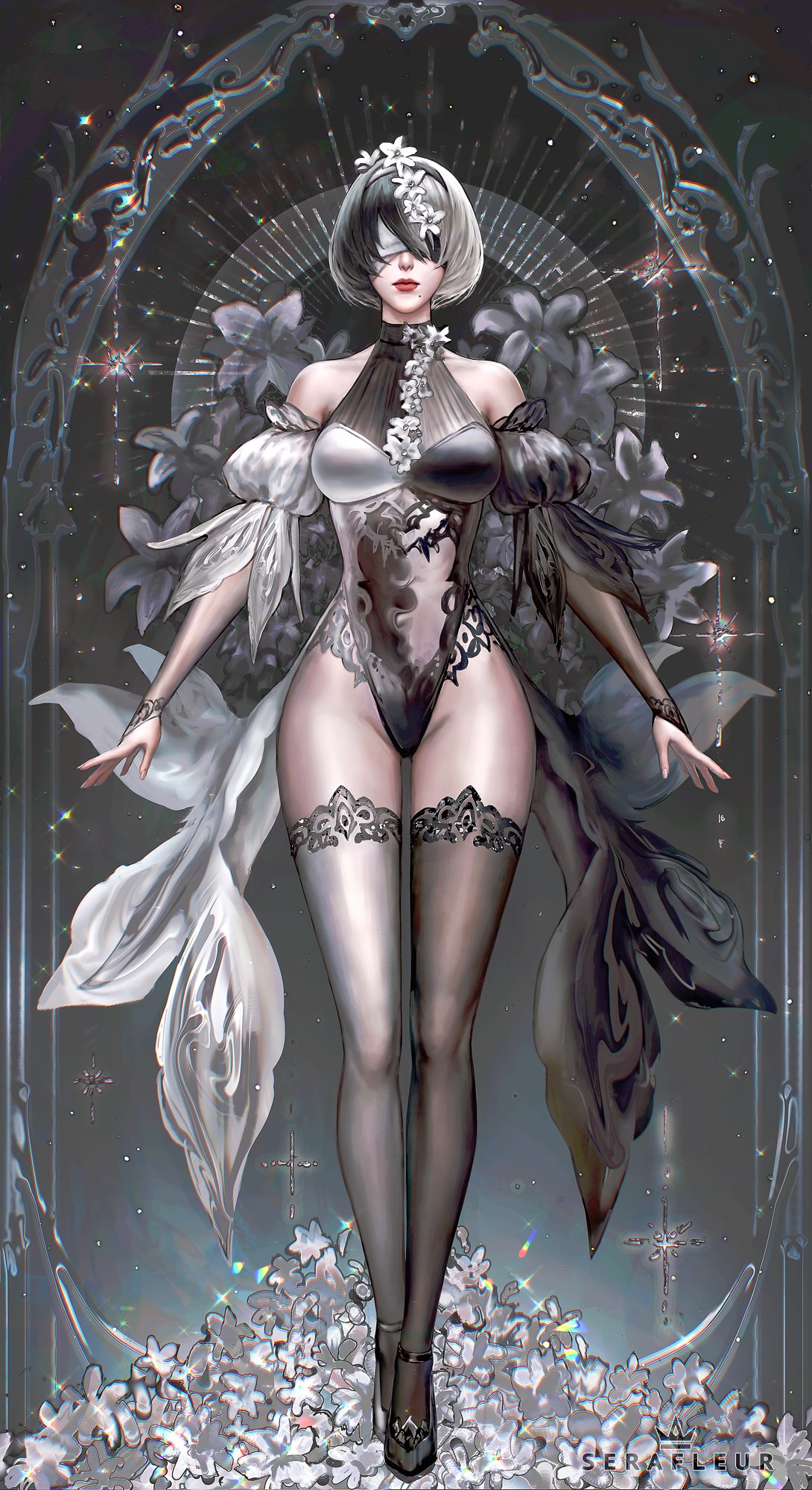 artist_name big_breasts big_hips grey_hair large_hips nier nier:_automata nier_(series) serafleur short_hair small_waist stockings tights white_hair yorha_2b