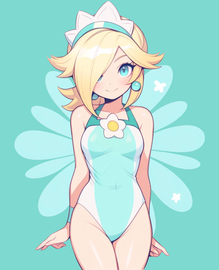 1girls, blonde hair, blue eyes, blue one-piece swimsuit, blue swimsuit, breasts, crown, earrings, female, hair over one eye, long hair, looking at viewer, mario (series), medium breasts, nintendo, one-piece swimsuit, princess rosalina, senadevyana, swimsuit, wristband