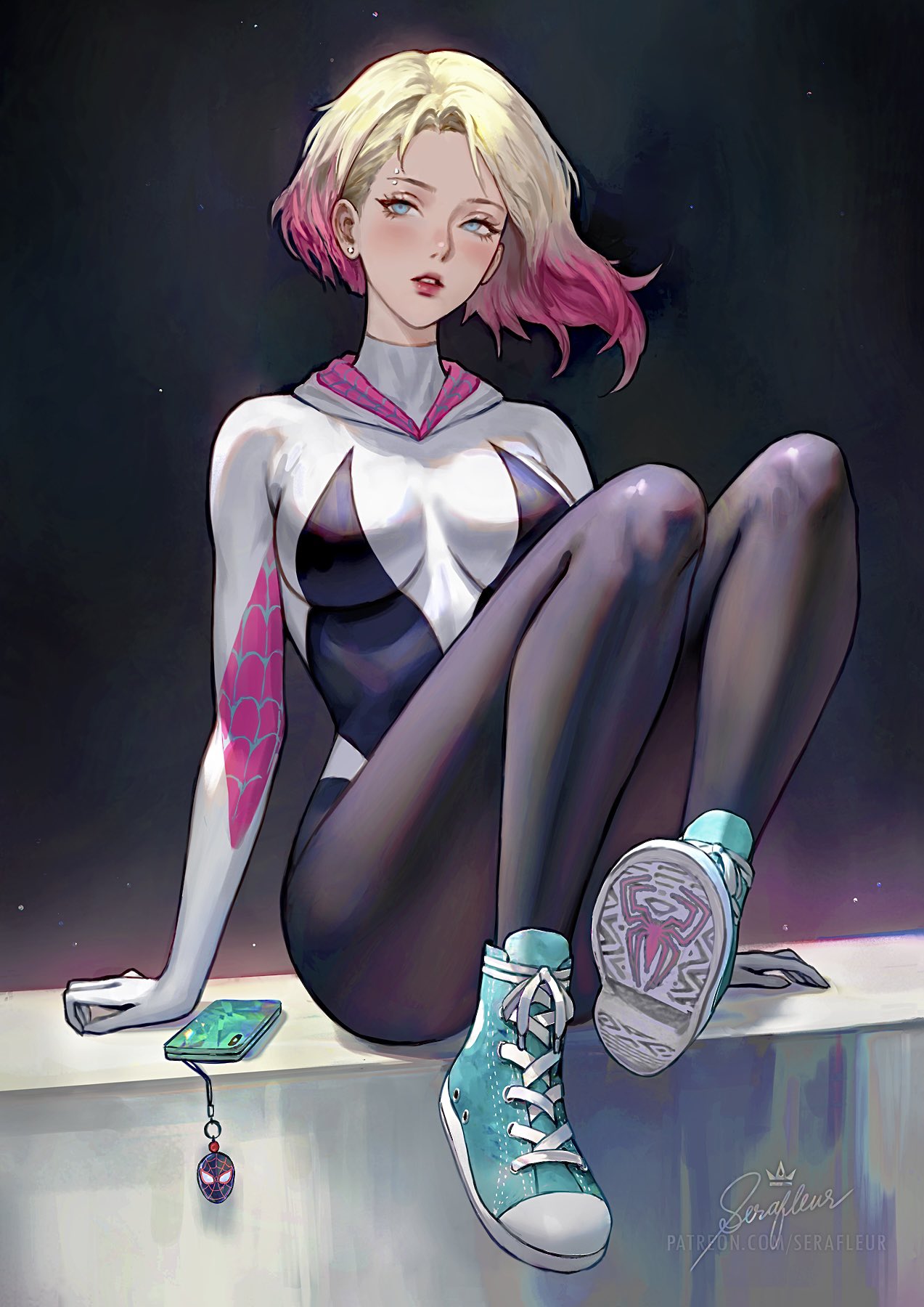 1girls blonde_hair blush eyebrow_piercing female female_only gwen_stacy gwen_stacy_(spider-verse) marvel marvel_comics serafleur short_hair solo spider-gwen spider-man:_across_the_spider-verse spider-man:_into_the_spider-verse spider-man_(series) tight_clothing