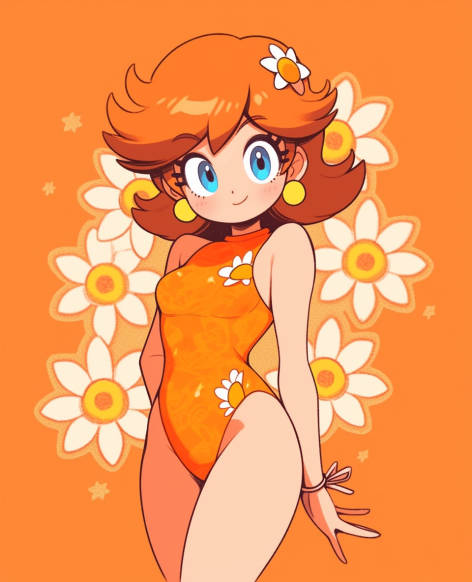 1girls blue_eyes breasts brown_hair earrings hair_flower looking_at_viewer mario_(series) medium_breasts medium_hair nintendo one-piece_swimsuit orange_one-piece_swimsuit orange_swimsuit princess_daisy senadevyana swimsuit wrist_ribbon