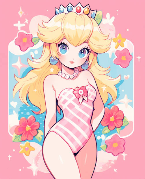 1girls, blonde hair, blue eyes, breasts, crown, earrings, female, long hair, looking at viewer, mario (series), medium breasts, necklace, nintendo, one-piece swimsuit, pearl necklace, pink one-piece swimsuit, pink swimsuit, princess peach, senadevyana, swimsuit