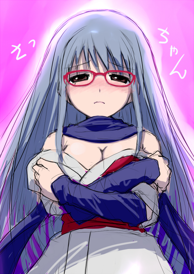 akata_itsuki blush brown_eyes cleavage colored_sketch crossed_arms detached_sleeves embarrassed female frown gintama glasses japanese_clothes kunoichi lavender_hair light_purple_hair long_hair looking_at_viewer mole_under_eye no_bra purple_hair sarutobi_ayame scarf shy solo tagme