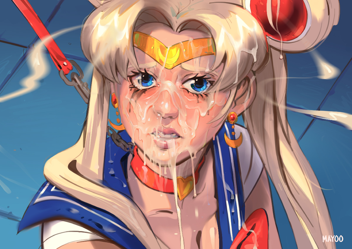 bishoujo senshi sailor moon, blonde hair, blue eyes, bukkake, clothing, collar, cum, cum on face, ejaculation, facial, female, leash, looking at viewer, mayoo, running mascara, runny makeup, sailor moon, sailor moon redraw challenge, tearing up, usagi tsukino